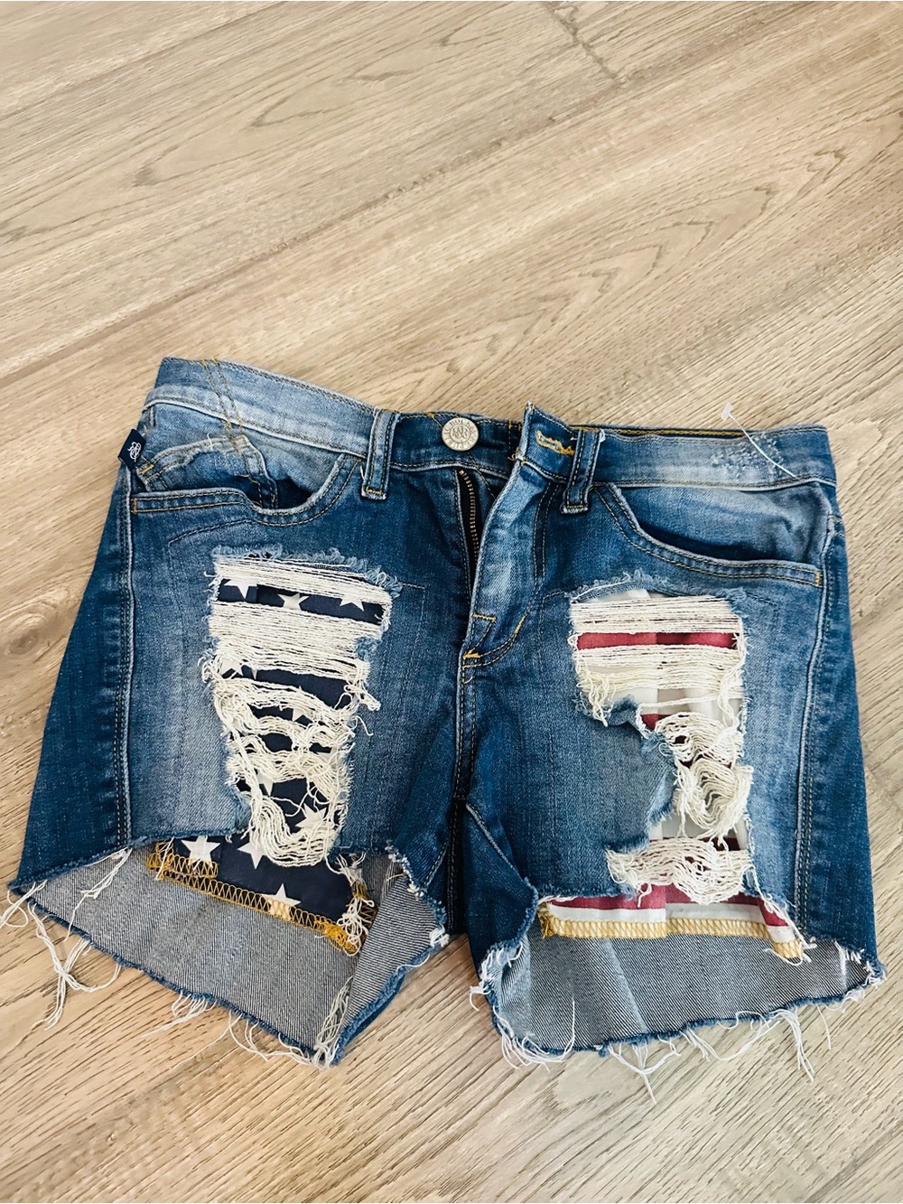 Rock & Republic Distressed Denim Shorts with Flag Patch Accents - Blue